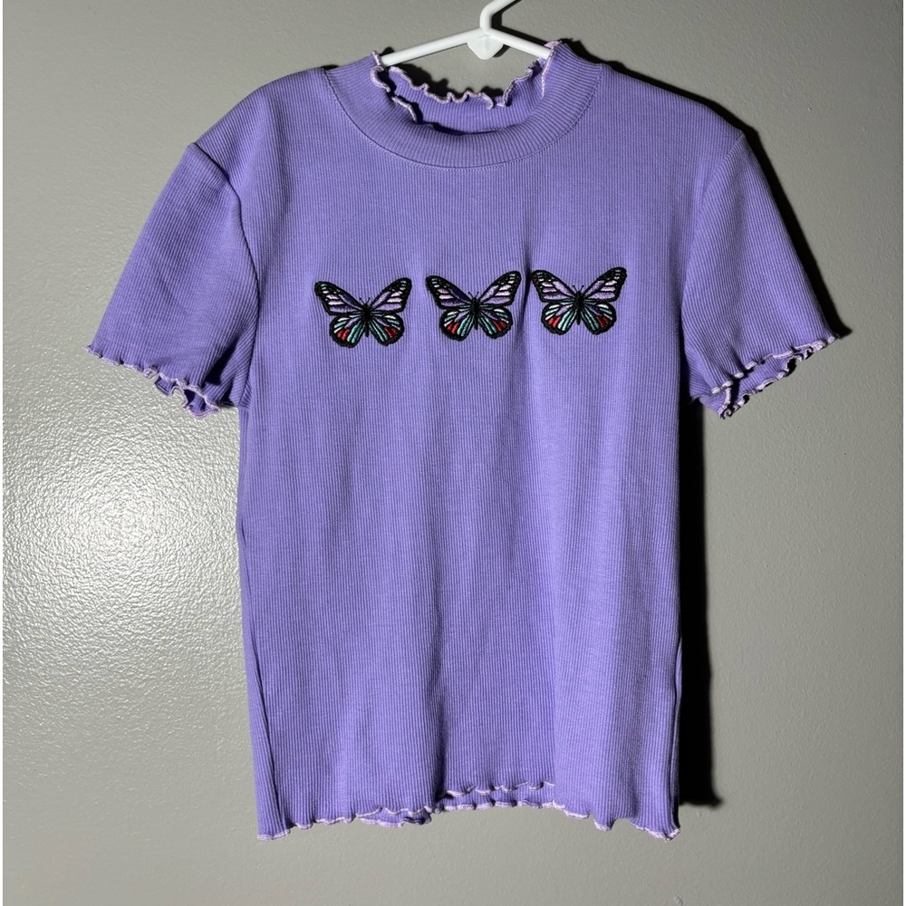 XS Y2k baby tee purple embroidered butterflies worn once or twice